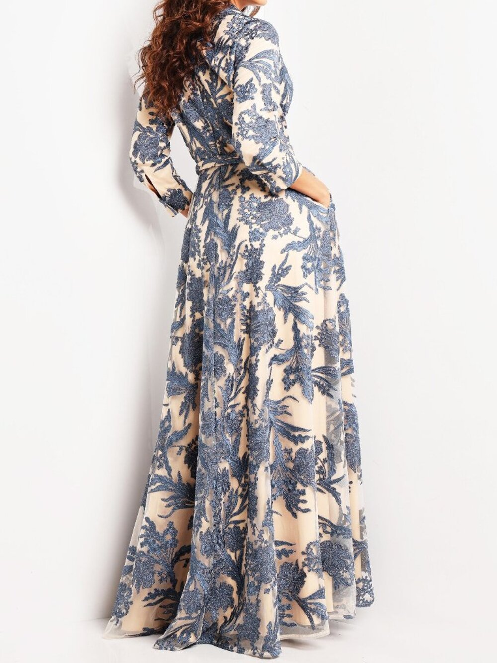 NWT Jovani 26148 Embroidered Quarter Sleeve Formal Dress Navy/Nude size 4 - Picture 2 of 7